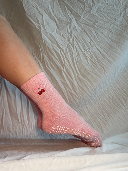 Cherry Bow Grip Socks-Valentine's Day